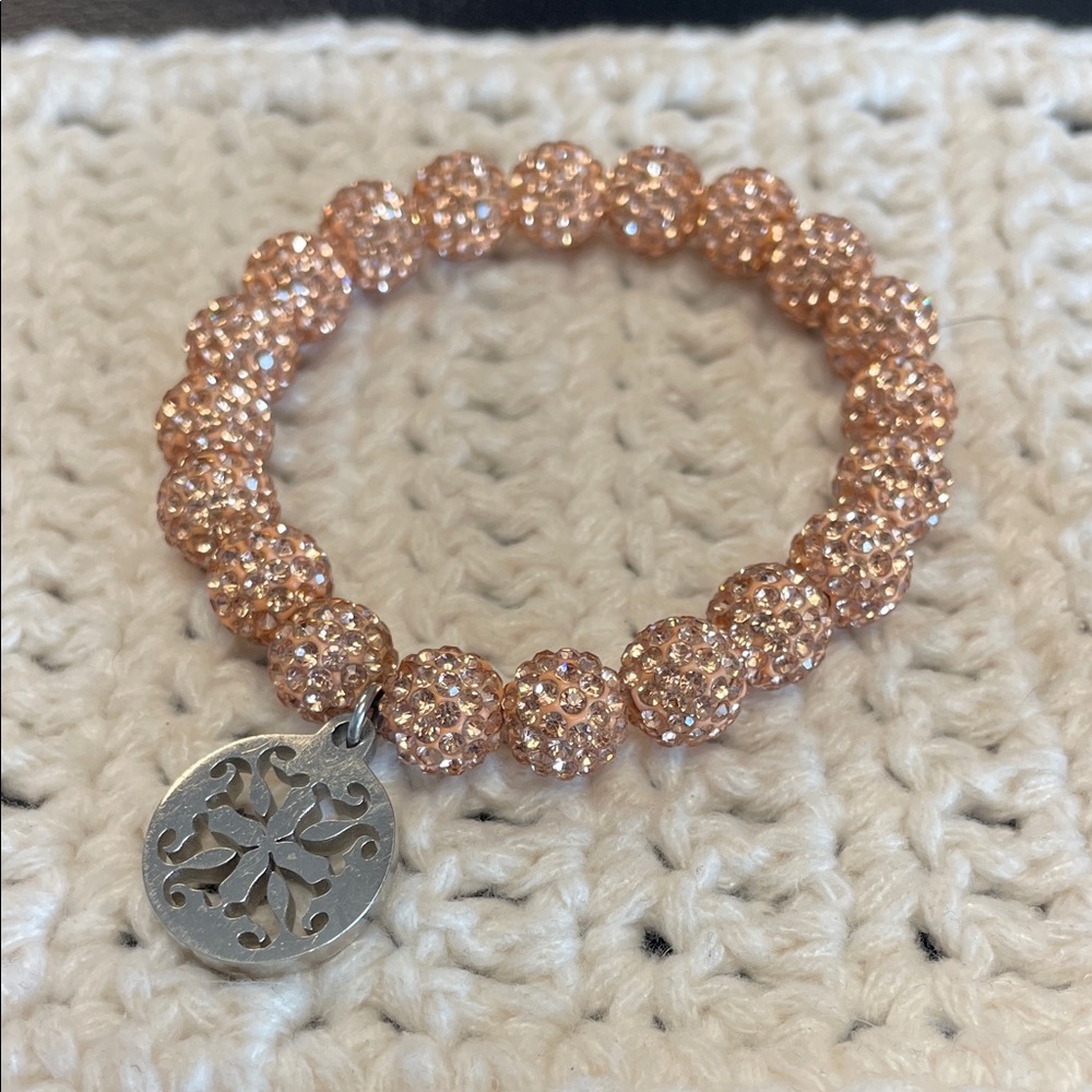 Rustic Cuff Sparkling Champagne Rose Gold Beaded Bracelet with Silver Charm